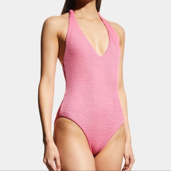 Veronica Beard Salis swimsuit one piece pink textured‎ deep V new - Picture 1 of 9